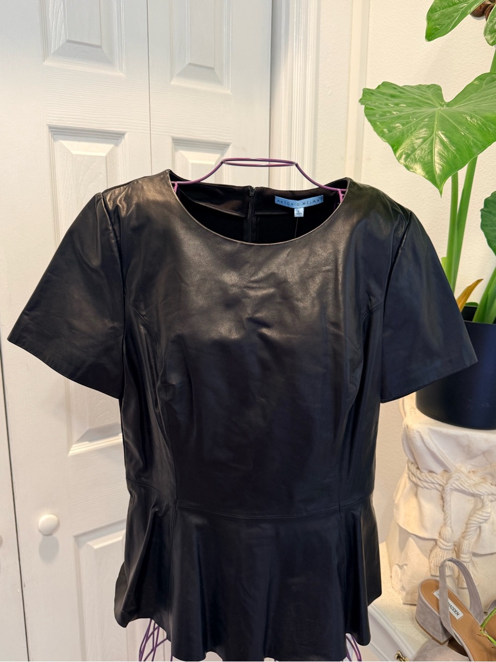 ANTONIO MELANI Black Faux Leather Peplum Top